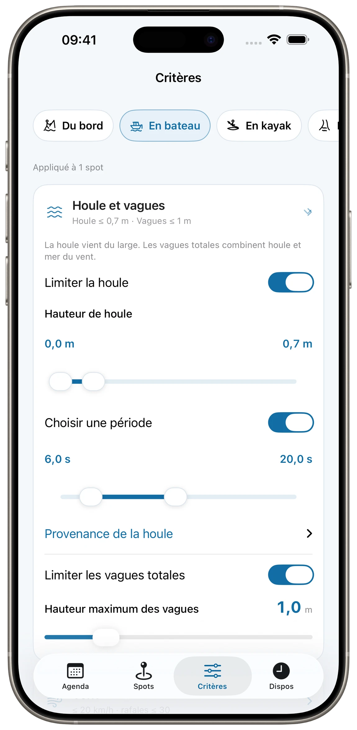 Critères météo et marins ajustables dans Ma pêche