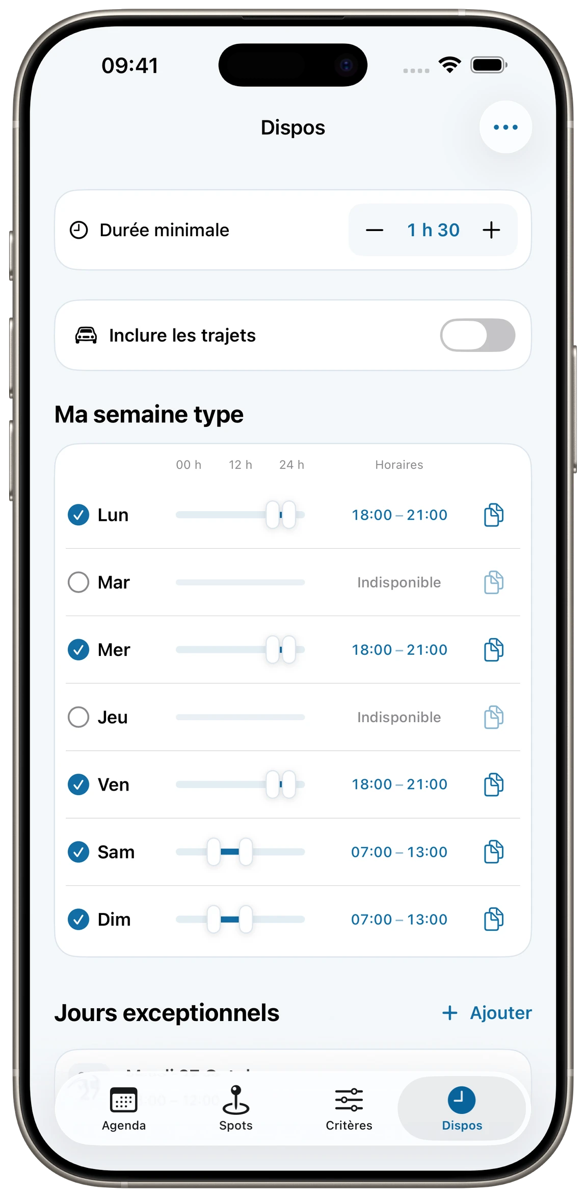 Semaine type et disponibilités réglables par jour dans Ma pêche
